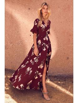September Sunsets Burgundy Floral Print Wrap Maxi Dress