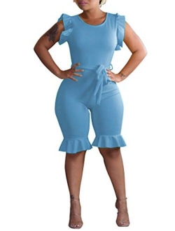 Womens Summer Short Jumpsuits Rompers - Ruffle Sleeveless One Piece Playsuit with Belt