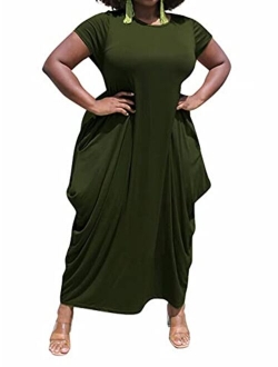 Women's Summer Maxi Dress Oversize Loose Crewneck Short Sleeve Ruched Flowy Long T Shirt Dresses Casual Wear