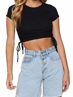 Women's Cute T Shirt Short Sleeve Ribbed Crop Tops Crewneck Solid Floral Drawstring Basic Slim Fit Tee Shirts