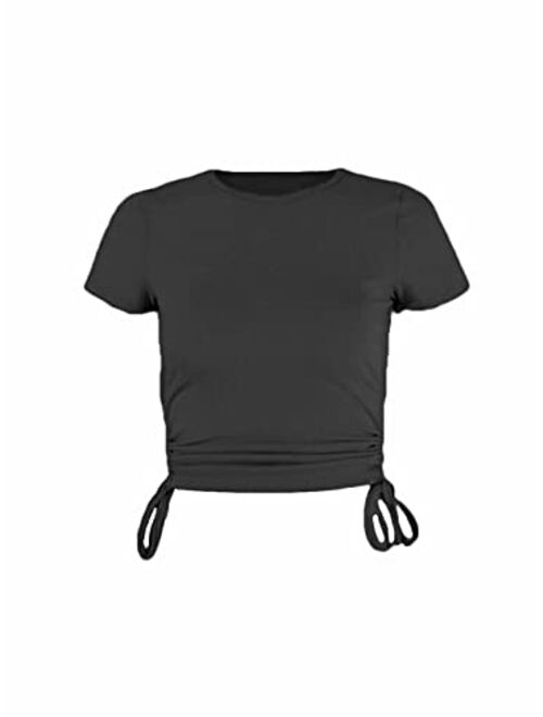 Mintsnow Women's Cute T Shirt Short Sleeve Ribbed Crop Tops Crewneck Solid Floral Drawstring Basic Slim Fit Tee Shirts