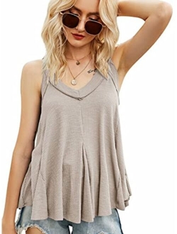 Women V-Neck Loose Fit Tee Tops Blouses Summer Sleeveless Asymmetrical Basic Tee Shirts Casual Cami Tank Tops