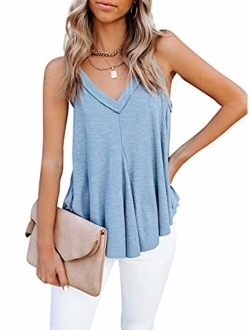 Women V-Neck Loose Fit Tee Tops Blouses Summer Sleeveless Asymmetrical Basic Tee Shirts Casual Cami Tank Tops