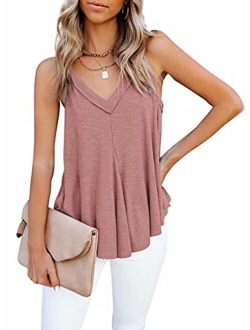 Women V-Neck Loose Fit Tee Tops Blouses Summer Sleeveless Asymmetrical Basic Tee Shirts Casual Cami Tank Tops