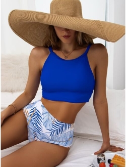 Leaf Pattern High Waisted Bikini Swimsuit