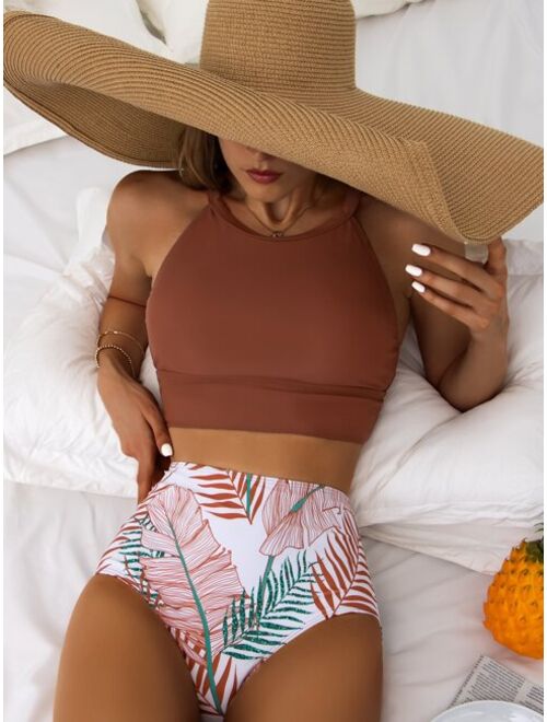 Shein Leaf Pattern High Waisted Bikini Swimsuit