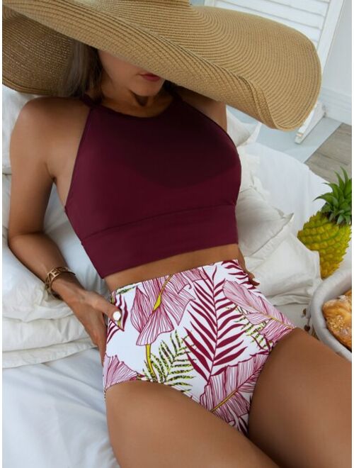 Shein Leaf Pattern High Waisted Bikini Swimsuit