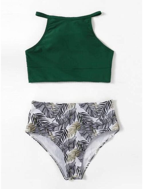 Shein Leaf Pattern High Waisted Bikini Swimsuit