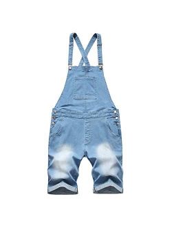 LONGBIDA Mens Denim Shorts Bib Overalls Jeans Casual Walkshort Summer Jumpsuit with Pockets