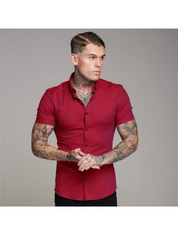 Muscleguys New Arrivals Summer Man Short Sleeve Shirt Solid Fitness Mens Stand Collar Super Slim Fit Business Dress Shirt Button Gym Tops