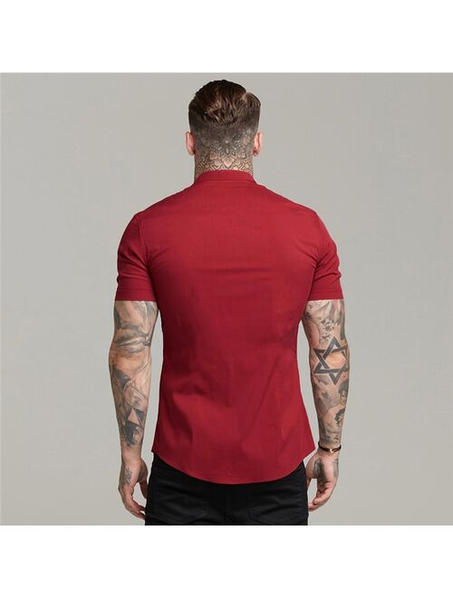 Muscleguys New Arrivals Summer Man Short Sleeve Shirt Solid Fitness Mens Stand Collar Super Slim Fit Business Dress Shirt Button Gym Tops