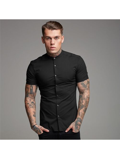 Muscleguys New Arrivals Summer Man Short Sleeve Shirt Solid Fitness Mens Stand Collar Super Slim Fit Business Dress Shirt Button Gym Tops