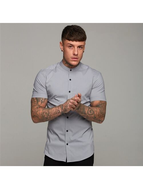 Muscleguys New Arrivals Summer Man Short Sleeve Shirt Solid Fitness Mens Stand Collar Super Slim Fit Business Dress Shirt Button Gym Tops