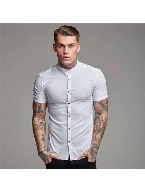 Muscleguys New Arrivals Summer Man Short Sleeve Shirt Solid Fitness Mens Stand Collar Super Slim Fit Business Dress Shirt Button Gym Tops