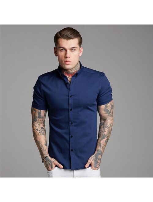 Muscleguys New Arrivals Summer Man Short Sleeve Shirt Solid Fitness Mens Stand Collar Super Slim Fit Business Dress Shirt Button Gym Tops