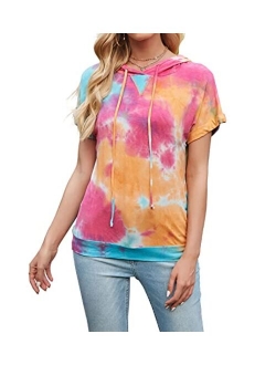 Womens Casual Tunic Tops Short Sleeve Tie Dye Shirts Drawstring Pullover Hoodie