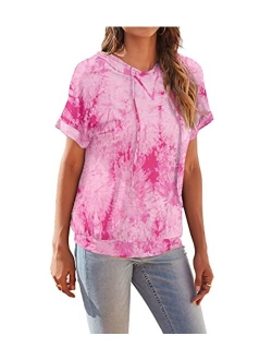 Womens Casual Tunic Tops Short Sleeve Tie Dye Shirts Drawstring Pullover Hoodie