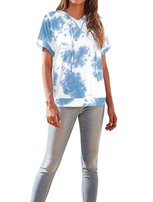 DEARCASE Womens Casual Tunic Tops Short Sleeve Tie Dye Shirts Drawstring Pullover Hoodie