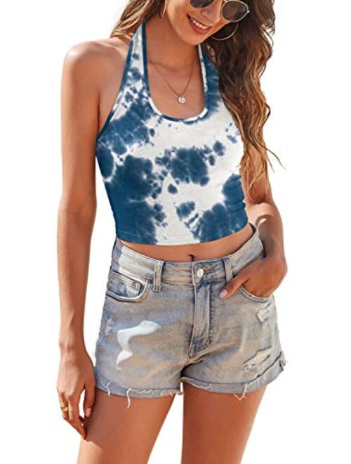 DEARCASE Women's Summer Sleeveless Halter Crop Tie Dye Print Sexy Backless Tank Top