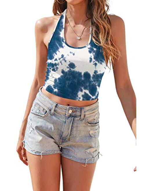 DEARCASE Women's Summer Sleeveless Halter Crop Tie Dye Print Sexy Backless Tank Top