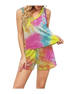 Women's Waffle Knit Sleeveless Top and Shorts Tie Dye Nightwear Lounge Pajama Set with Pockets