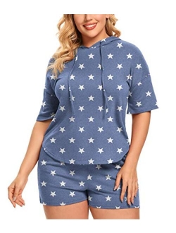 Womens Plus Size Short Sleeve Pajamas Set Hoodie With Shorts Lounge Set Casual Sleepwear With Pockets