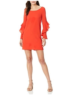 Women's Night Bubble Crepe Ruffle Sleeve Shift Dress