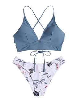 Women's Sexy Bathing Suit Floral Print Cross Back Bikini Set Swimsuits