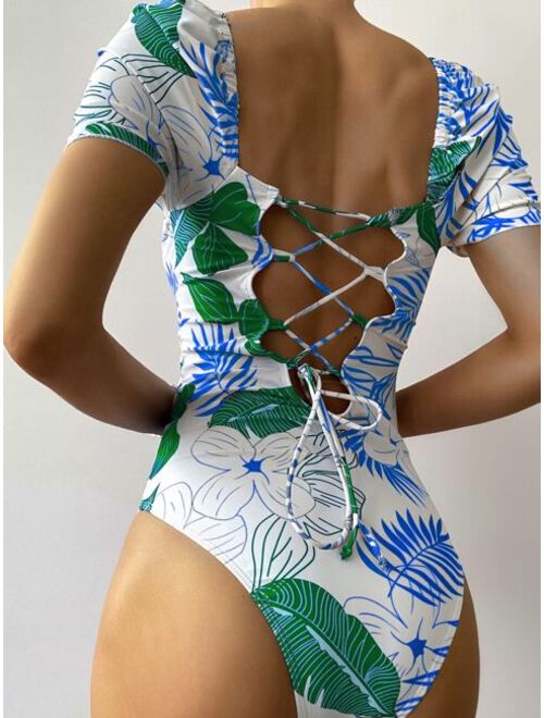 Shein Tropical Print Lace Up Back One Piece Swimsuit