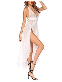 Women Lingerie Deep V Neck Nightwear One Piece Sexy Nightgowns Mosaic Lace Mesh Dress