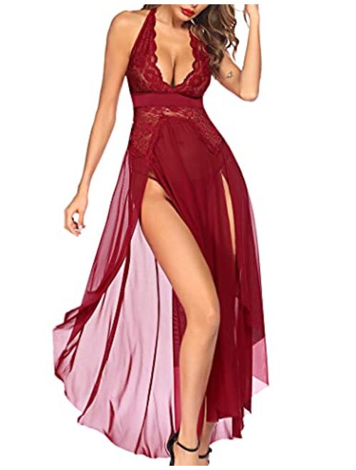 Avidlove Women Lingerie Deep V Neck Nightwear One Piece Sexy Nightgowns Mosaic Lace Mesh Dress