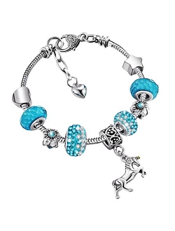 Zhanmai Unicorn Sparkly Crystal Charm Bracelet Bangle with Gift Box Set for Girl Lady