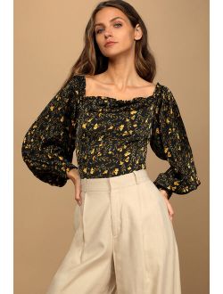 What It Means Black Floral Print Off-the-Shoulder Crop Top