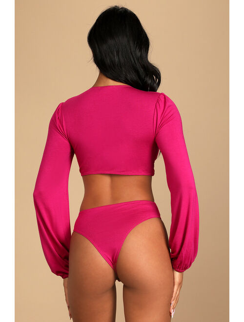 Lulus Trend Seeking Magenta Long Sleeve Cutout Bodysuit