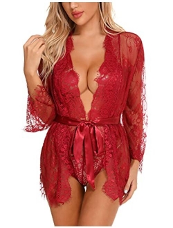 RSLOVE Women Sexy Bridal Lingerie Set 2 Piece Lace Robe With Sheer Teddy Babydoll Bodysuit