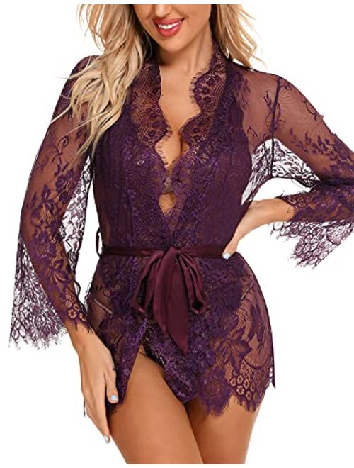 RSLOVE Women Sexy Bridal Lingerie Set 2 Piece Lace Robe With Sheer Teddy Babydoll Bodysuit