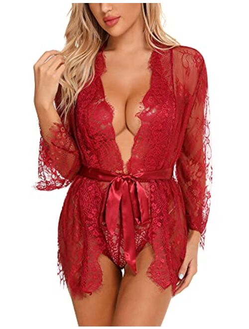 RSLOVE Women Sexy Bridal Lingerie Set 2 Piece Lace Robe With Sheer Teddy Babydoll Bodysuit