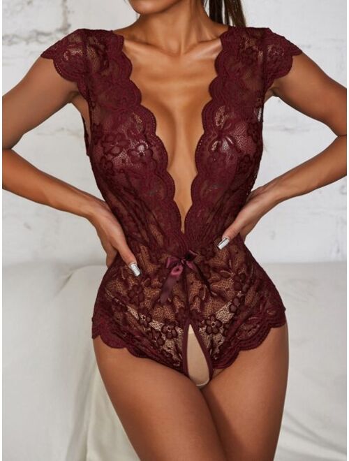 Shein Floral Lace Scallop Trim Crotchless Teddy Bodysuit