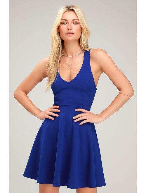 Lulus Katrina Royal Blue Strappy Backless Skater Dress