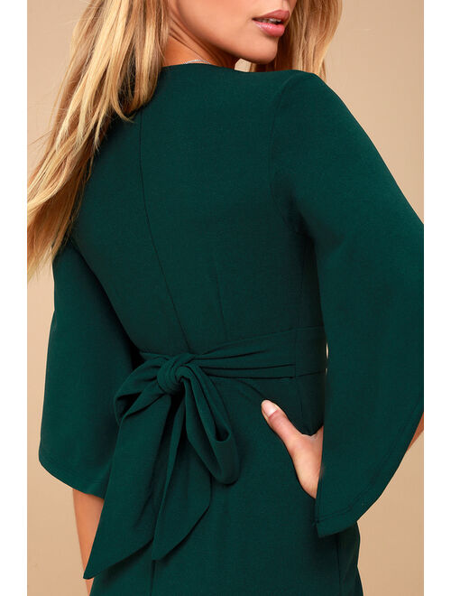 Lulus Glimpse of Glamour Forest Green Bell Sleeve Bodycon Dress