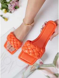 Vegan Leather Braided Strap Slide Sandals