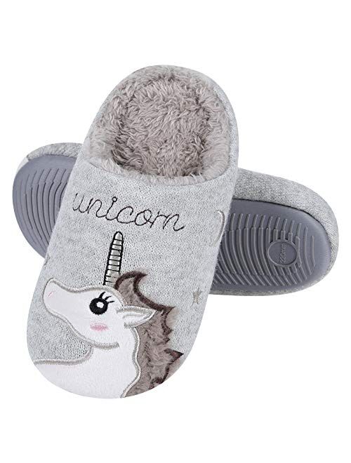 Beslip Girl's Cute Unicorn House Slippers Memory Foam Indoor Slippers Comfy Fuzzy Knitted Slip On Cotton Slippers with Anti-Slip Rubber Sole