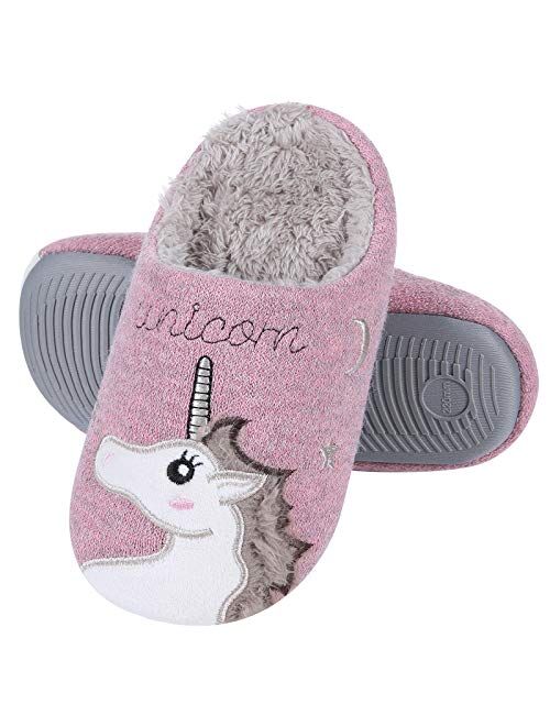 Beslip Girl's Cute Unicorn House Slippers Memory Foam Indoor Slippers Comfy Fuzzy Knitted Slip On Cotton Slippers with Anti-Slip Rubber Sole