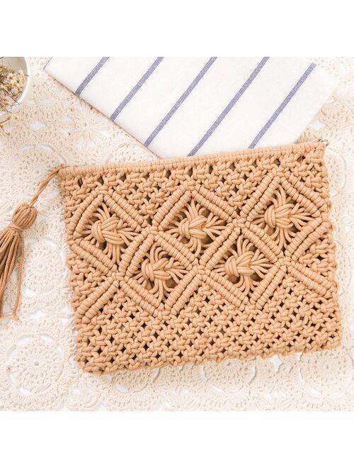 Women's Bohemian Style Straw Woven Day Clutches Bags Fashionable Simple Tassel Causal Handbag Vintage Beach Bag For Women Girl