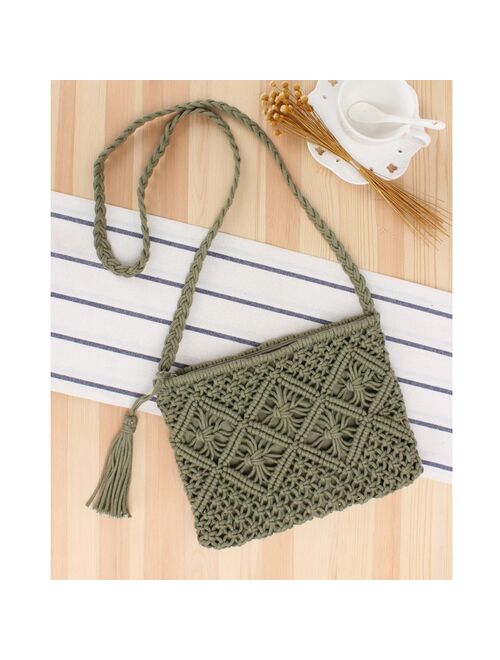 Women's Bohemian Style Straw Woven Day Clutches Bags Fashionable Simple Tassel Causal Handbag Vintage Beach Bag For Women Girl