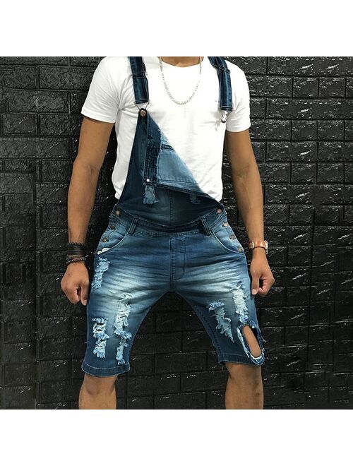 2021 new Hole denim Jumpsuits men Hip hop Streetwear Five points Vintage Jeans Overalls men summer denim Jumpsuit shorts man