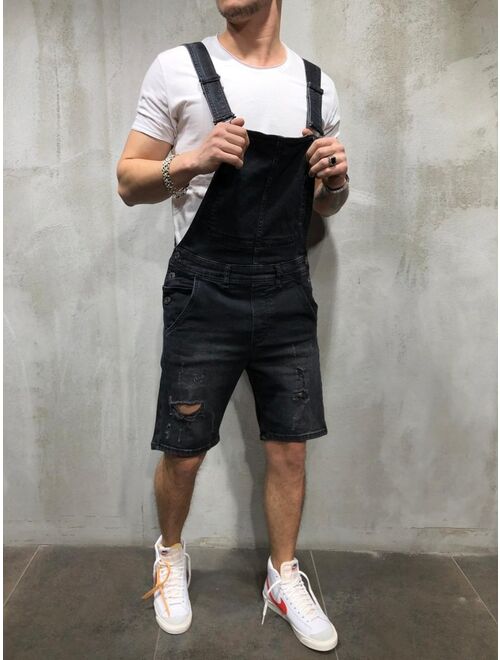 Loose Fashion Shorts Jumpsuit men's Ripped Jeans Men Casual Summer Denim Overalls Men Short Knee Length