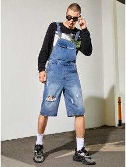 Men Ripped Pocket Front Washed Denim Overall