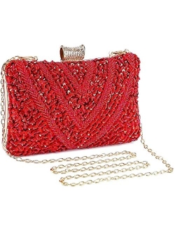 BDBT Women's Evening Handbags Women's Pearl Evening Bag Clutch Bag Shiny Sequin Tote Shoulder Bag Wedding Party (Color : Red)