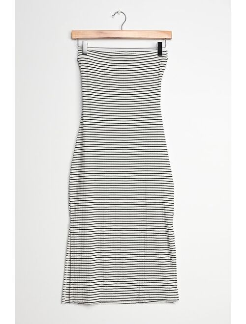 RVCA Steady Black and White Striped Ribbed Strapless Midi Dress